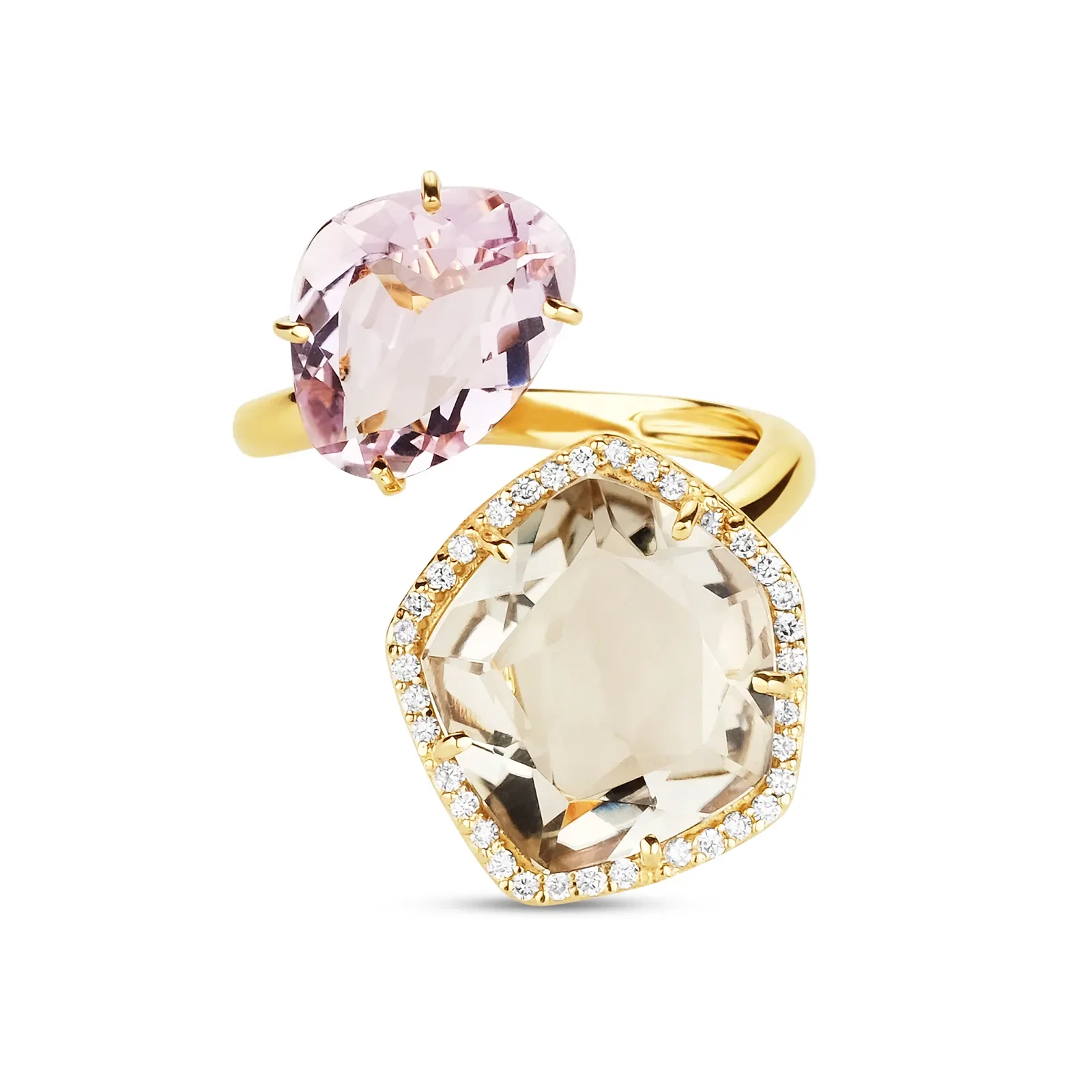 Anel Coloris em Ouro Amarelo 18k com Ametista Rosa e Prasiolita