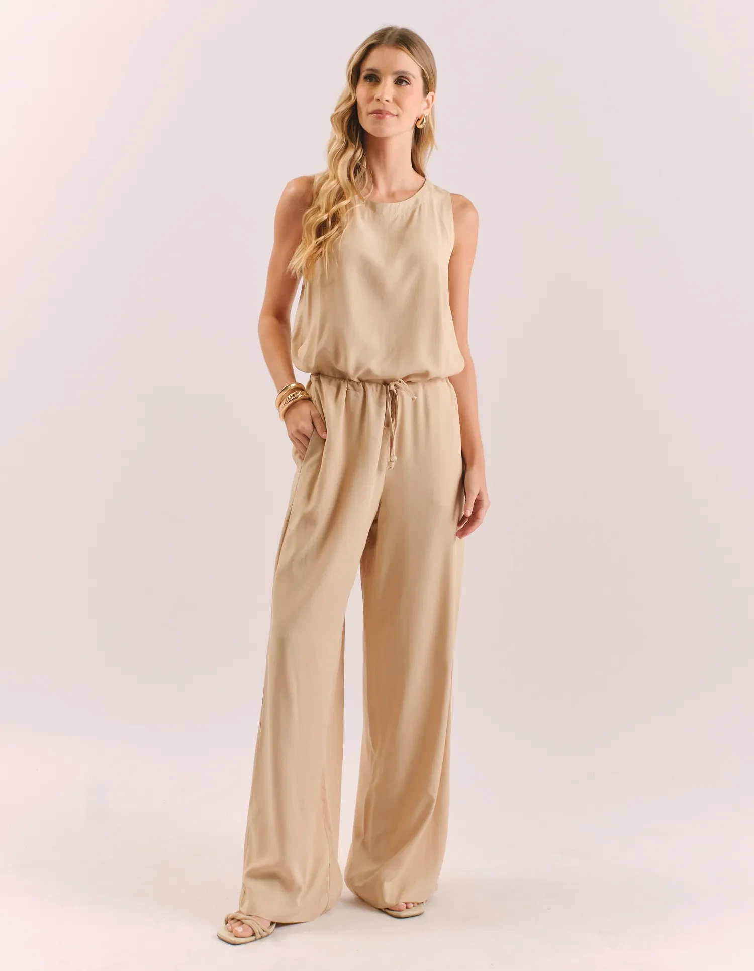 Calça Pantalona Tunel Cós - Areia
