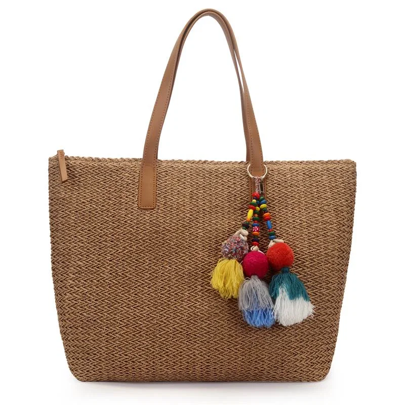 Shopping Bag Grande Palha Chaveiro Pompom Colorido