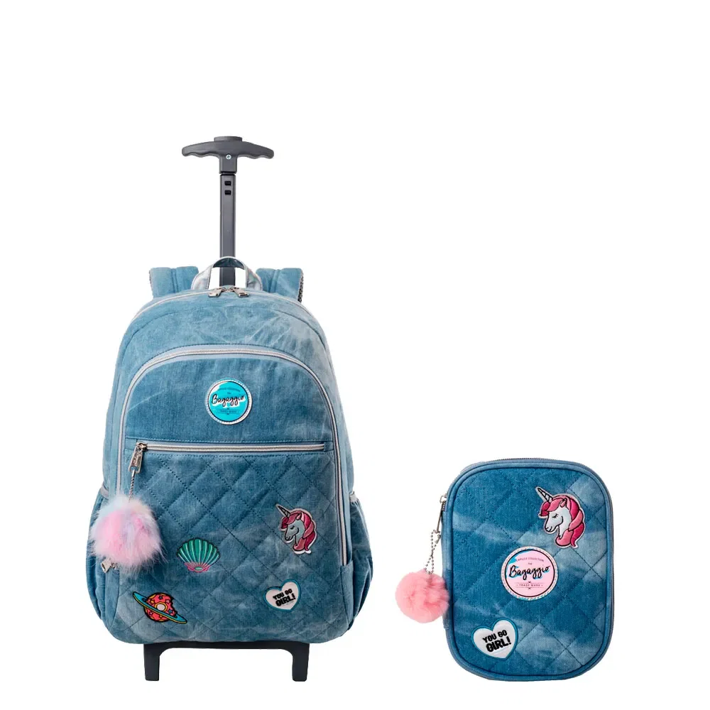 Kit Mochilete Jeans Patches Azul