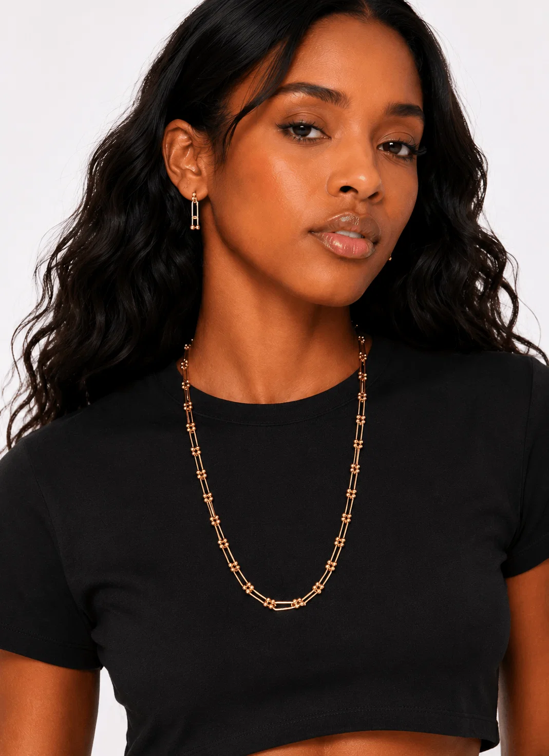 Kit Colar + Brinco Elo Retangular - Dourado