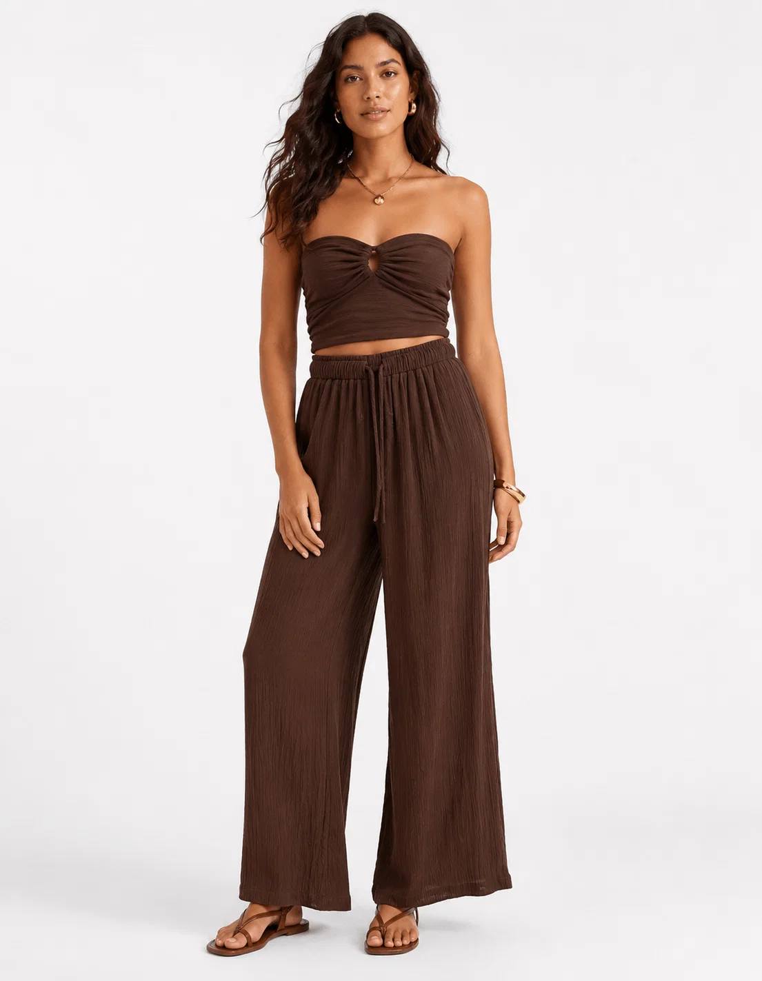 Calça Pantalona Detalhe Cós Amarrações - Cafe — imagem 1