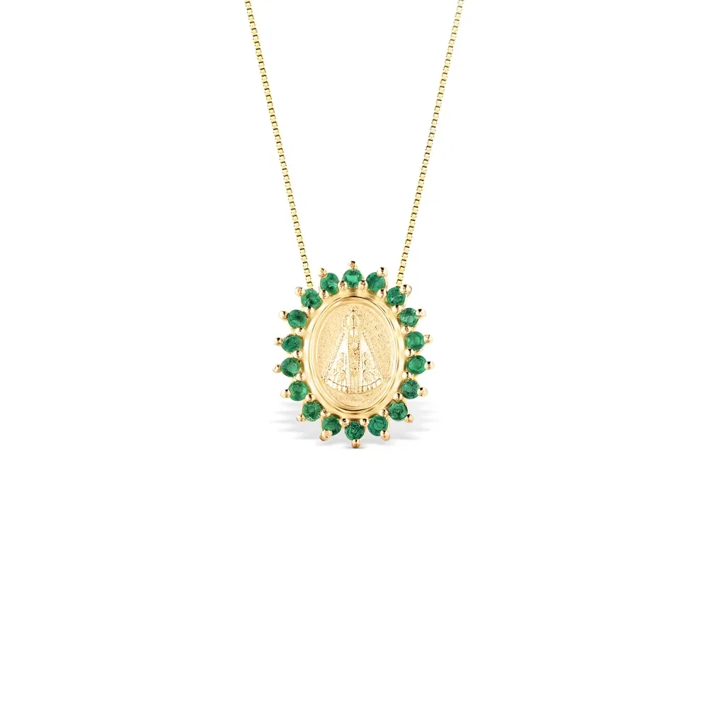 Pingente Medalha N.Sra. Aparecida em Ouro Amarelo 18k com Esmeraldas, 15mm — imagem 1