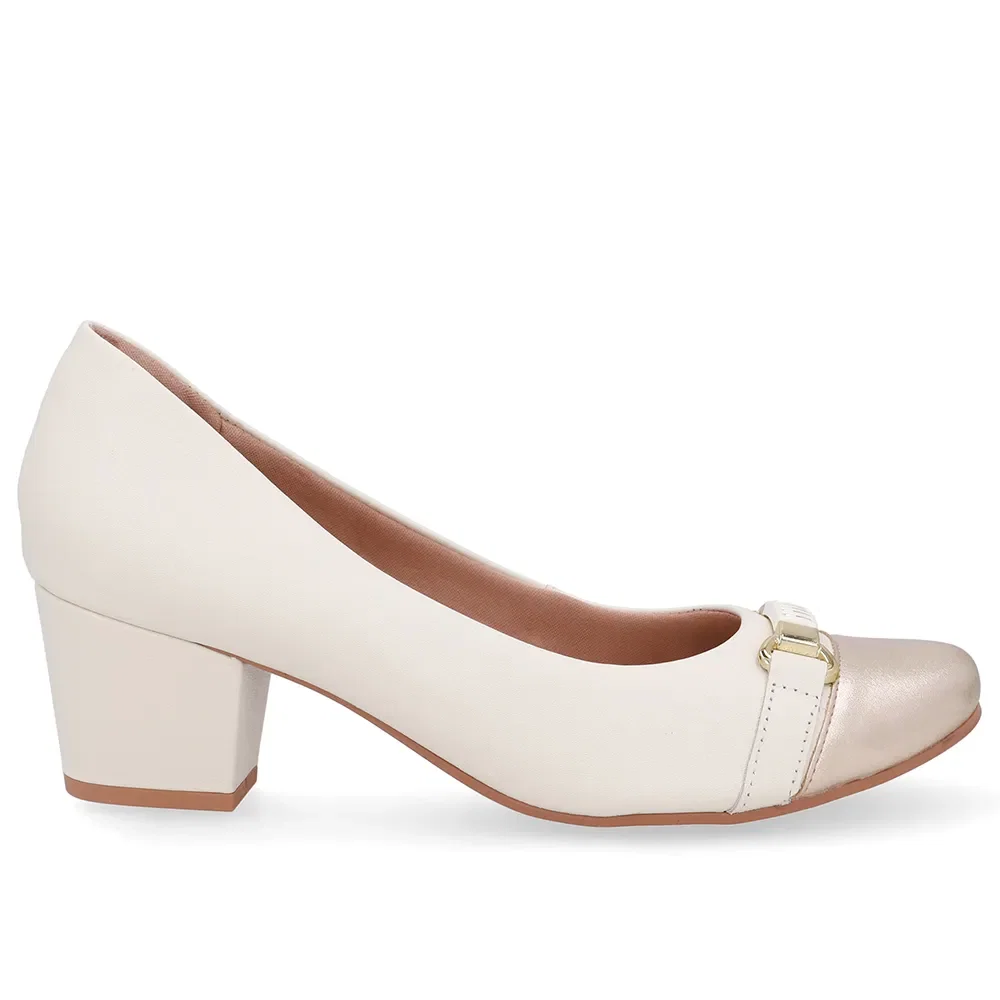 Scarpin Couro Branco Marfim Dourado Salto Bloco — imagem 1