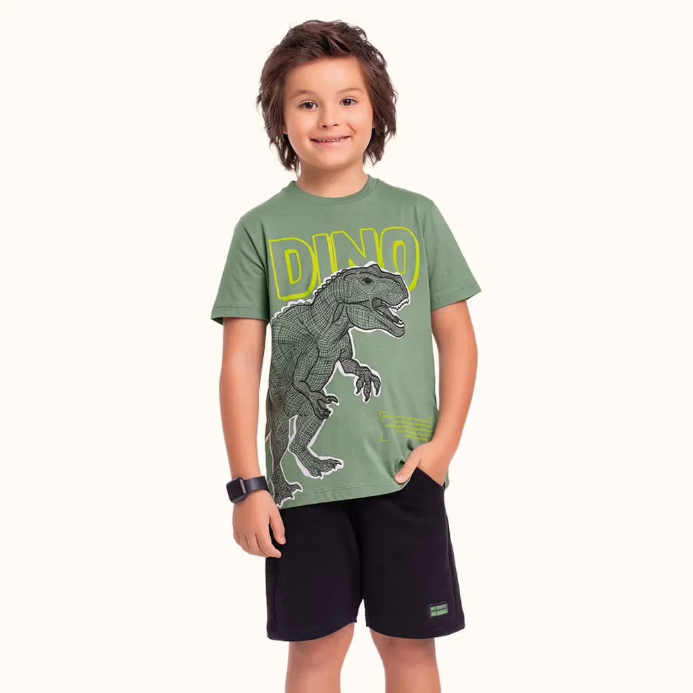 Camiseta em meia malha com relevo em 3d dinossauro
