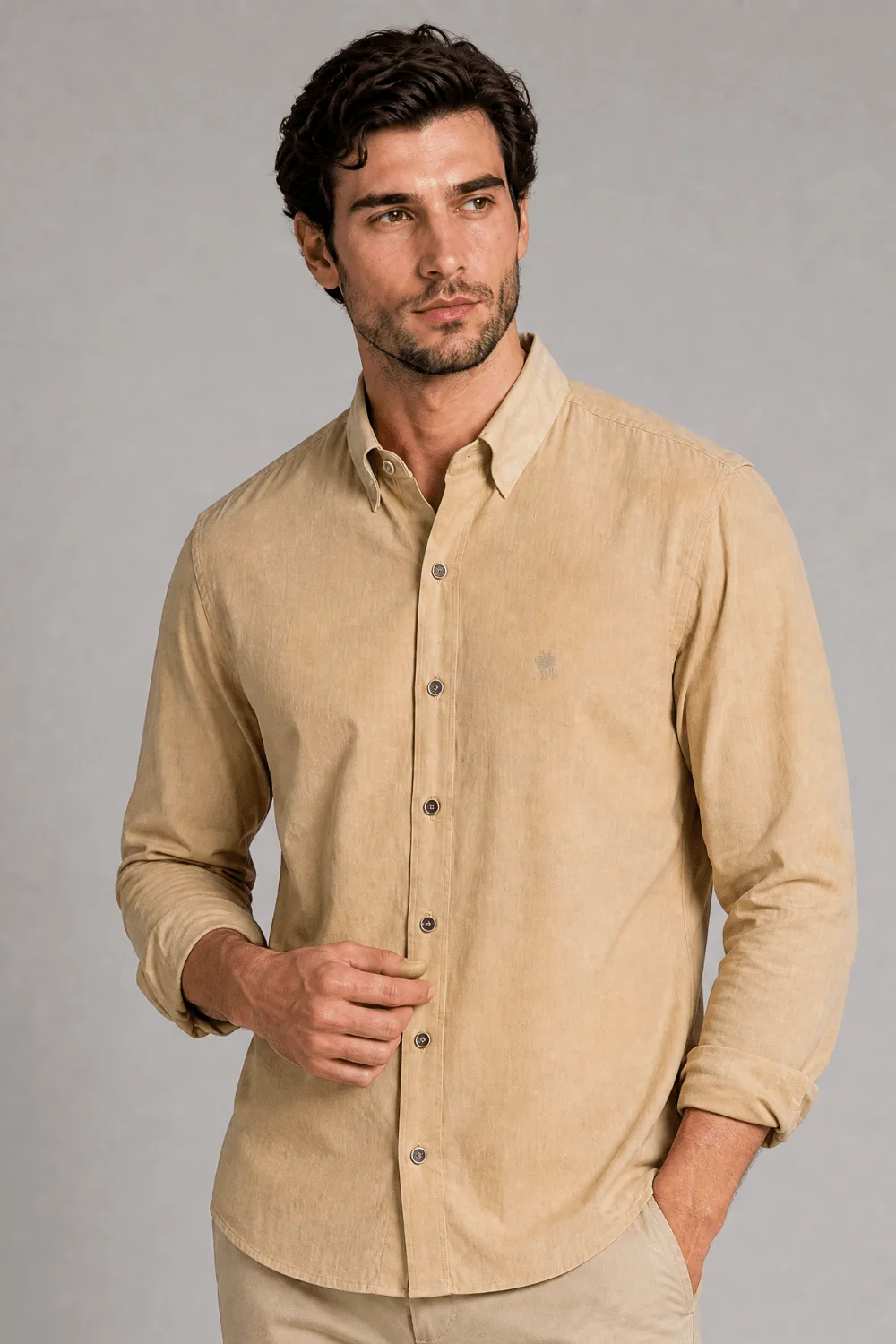 Camisa Masculina Viscolinho Lisa Polo Wear Cáqui