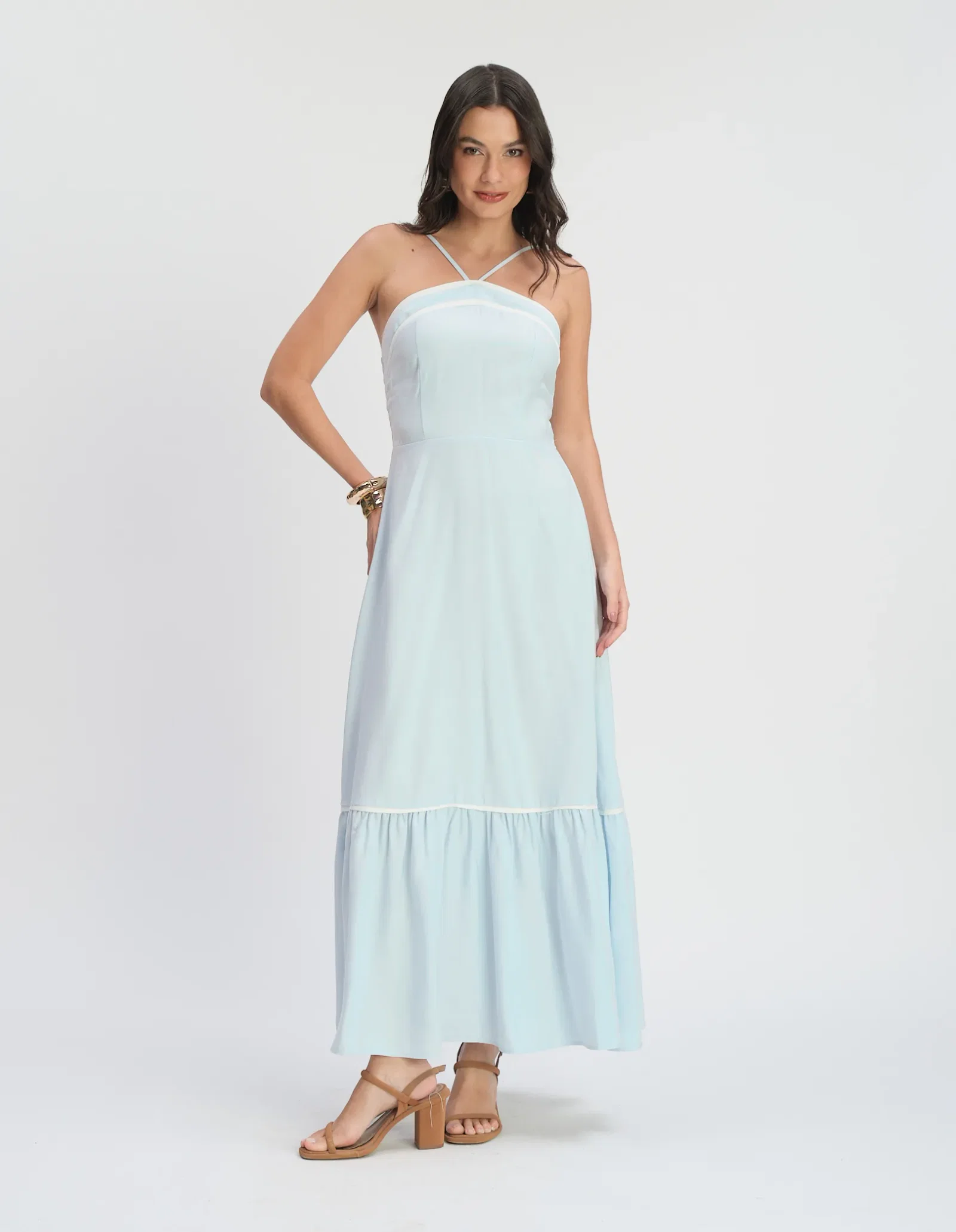 Vestido Longo Frente Única Detalhe Vivos - Azul Claro