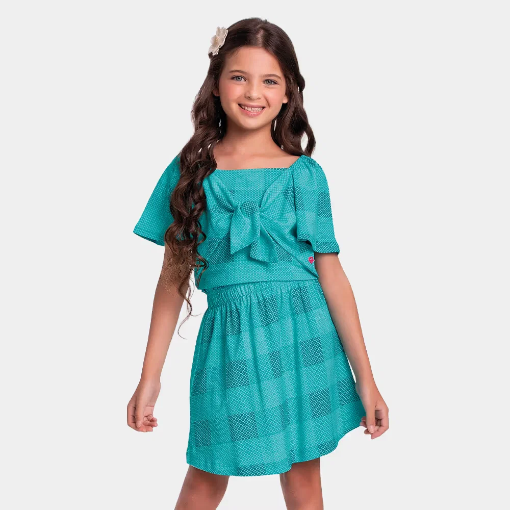 Conjunto blusa e saia com amarração xadrez