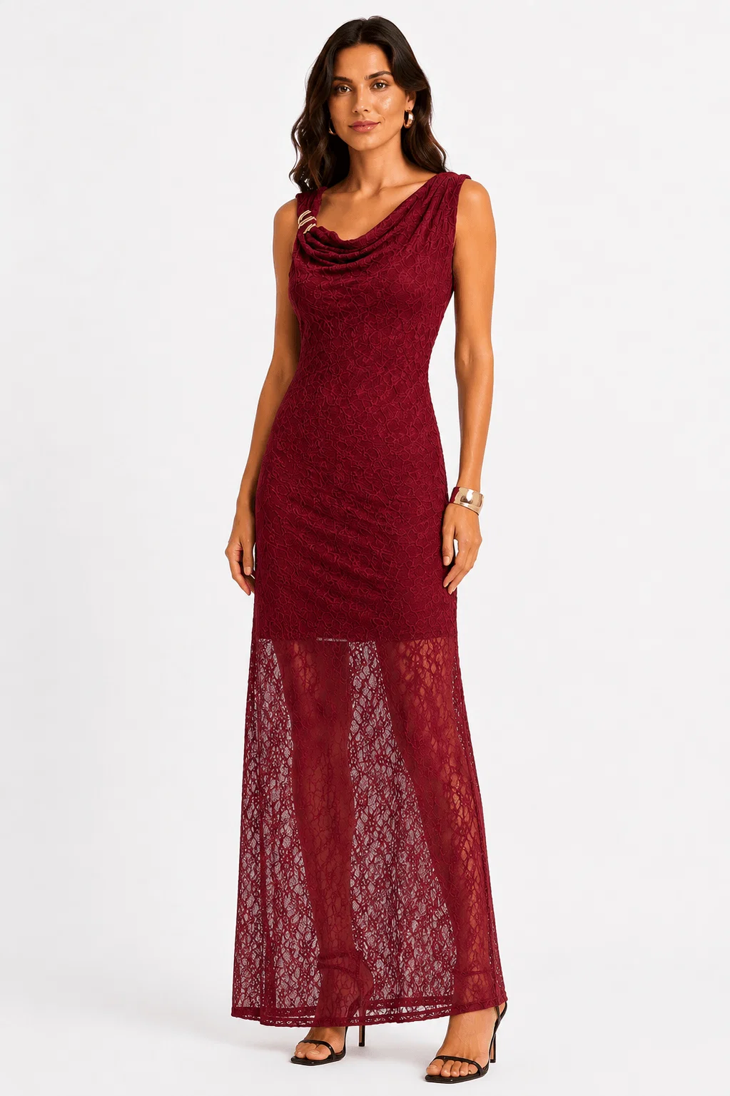 Vestido Longo Renda Detalhe Ombro - Vinho