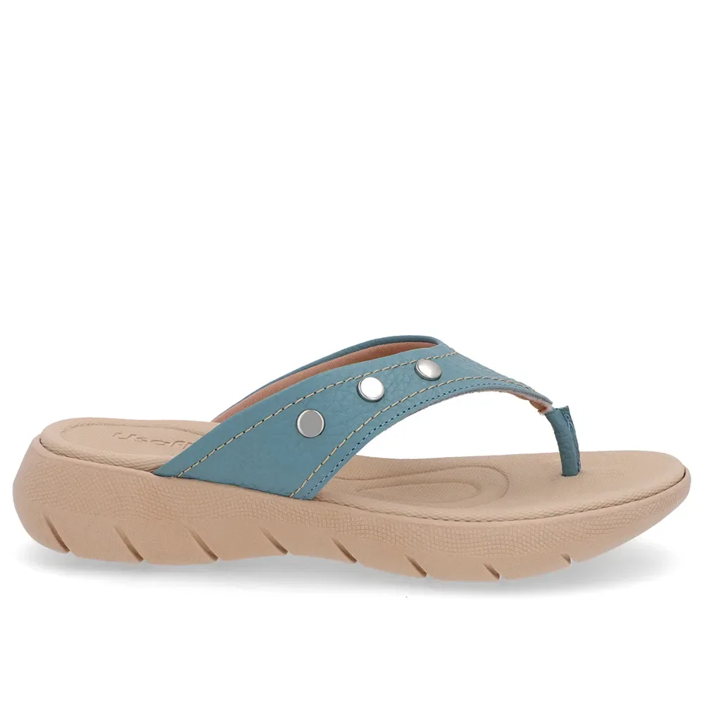 Chinelo Baixo Couro Azul Petróleo Enfeite Rebite