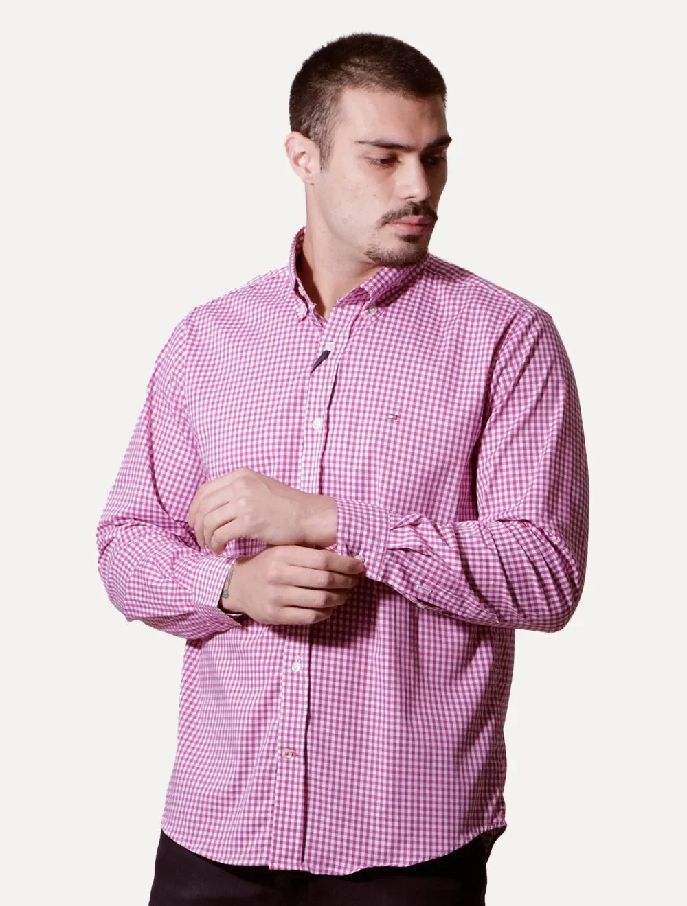 Camisa Tommy Hilfiger Masculina Xadrez Gingham Branca / Magenta