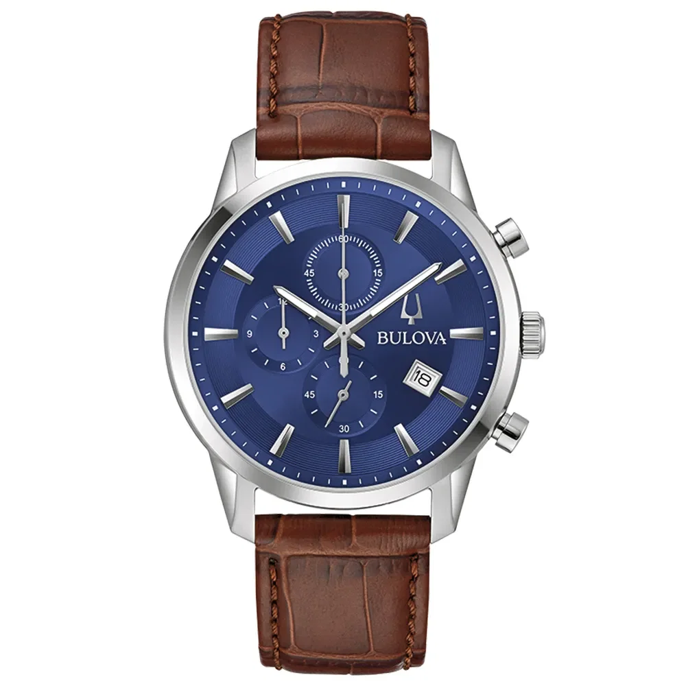Relógio Bulova Masculino Aço Prata Couro Marrom 96B402