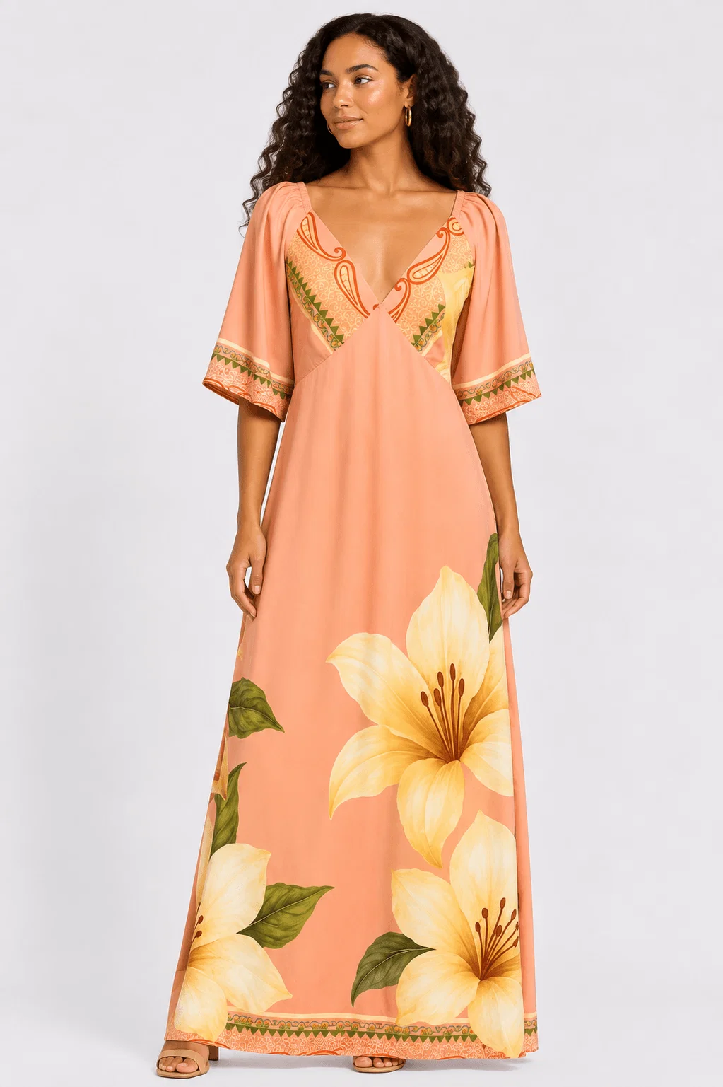 Vestido Longo Estampado Lírio Solar - Salmao