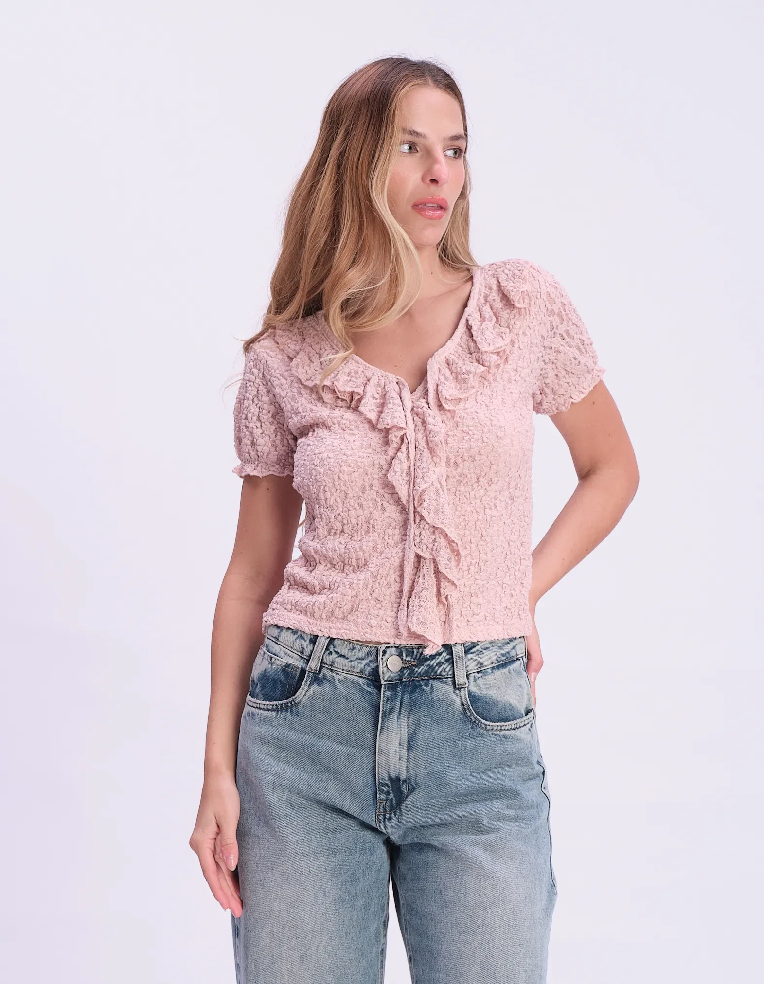 Blusa Decote v Detalhe Babados - Rosa — imagem 1