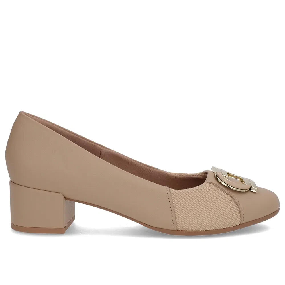 Scarpin Bege Couro Lateral Tecido
