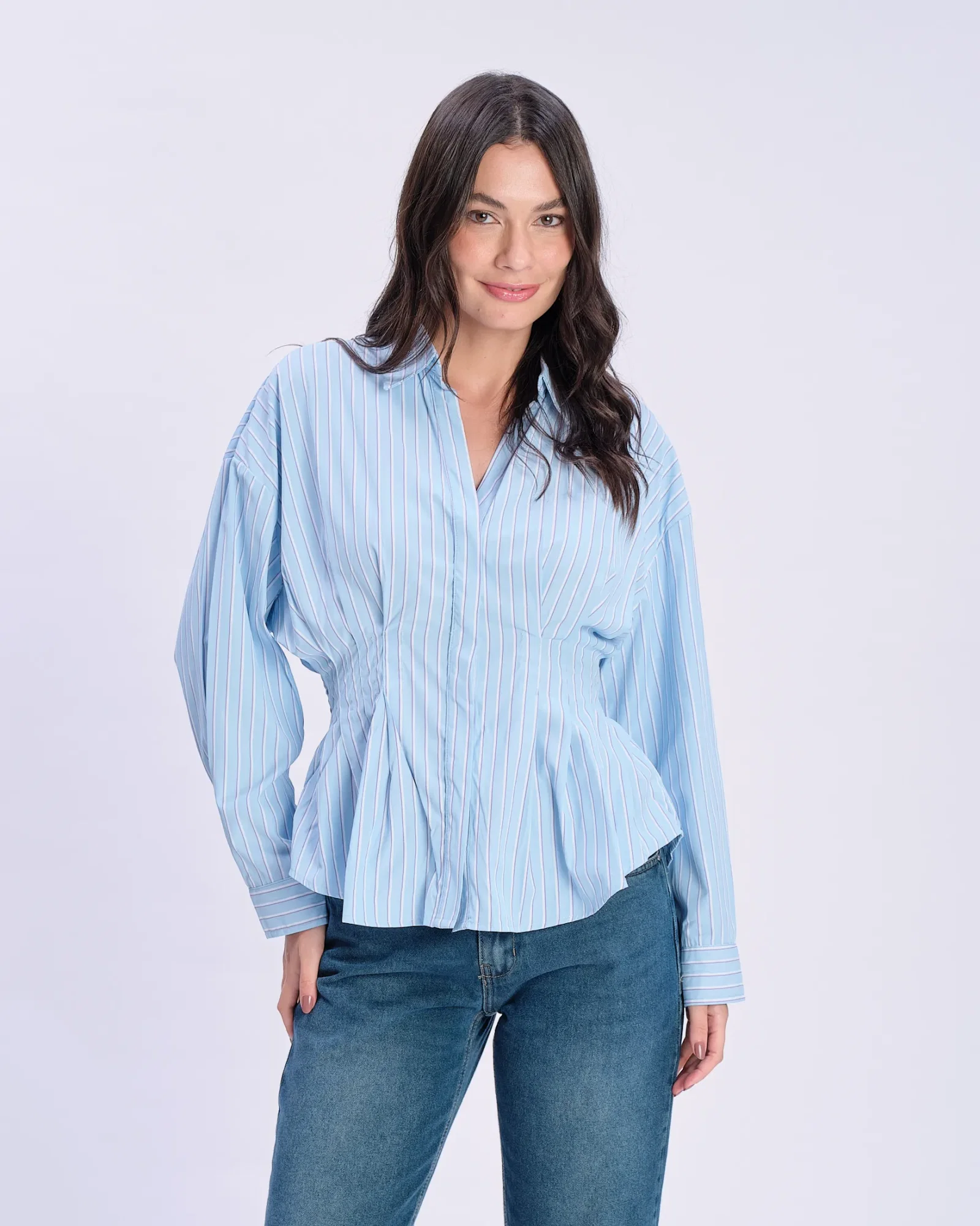 Camisa Manga Longa Listrada Pregas - Azul C/ Lilas — imagem 1