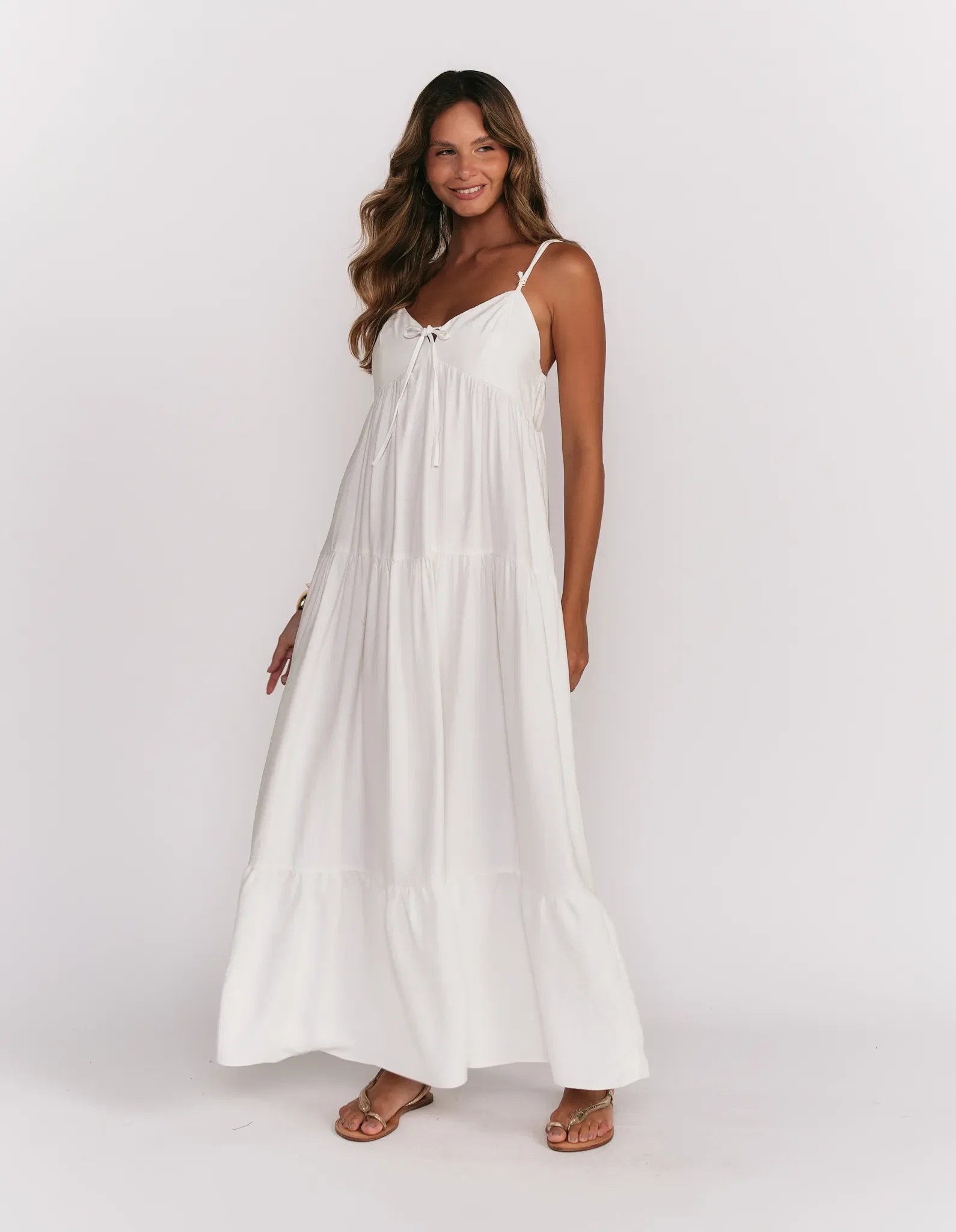 Vestido Longo Alça Fina Com Marias - Branco — imagem 1