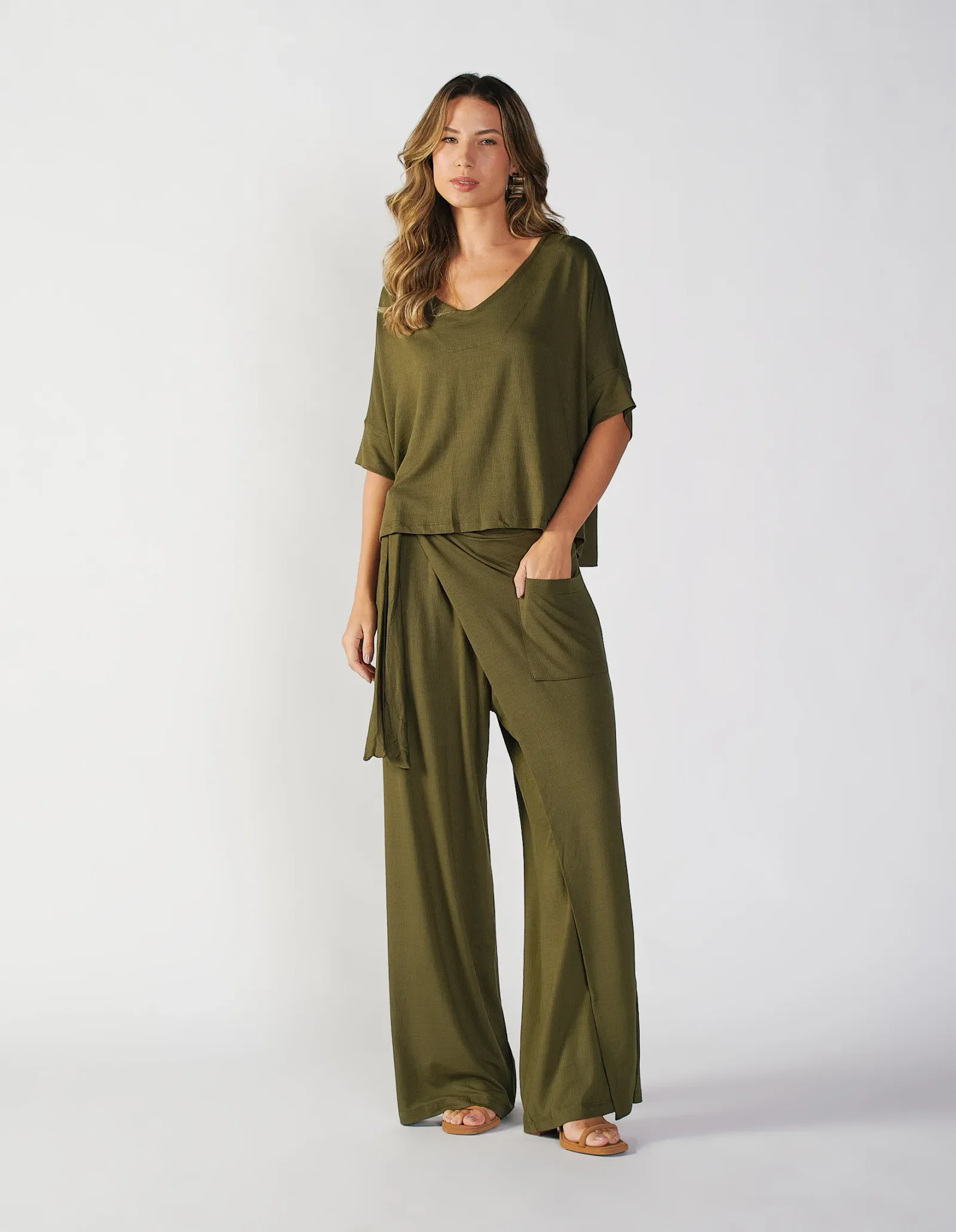 Calça Pantalona Envelope Amarração - Verde Oliva