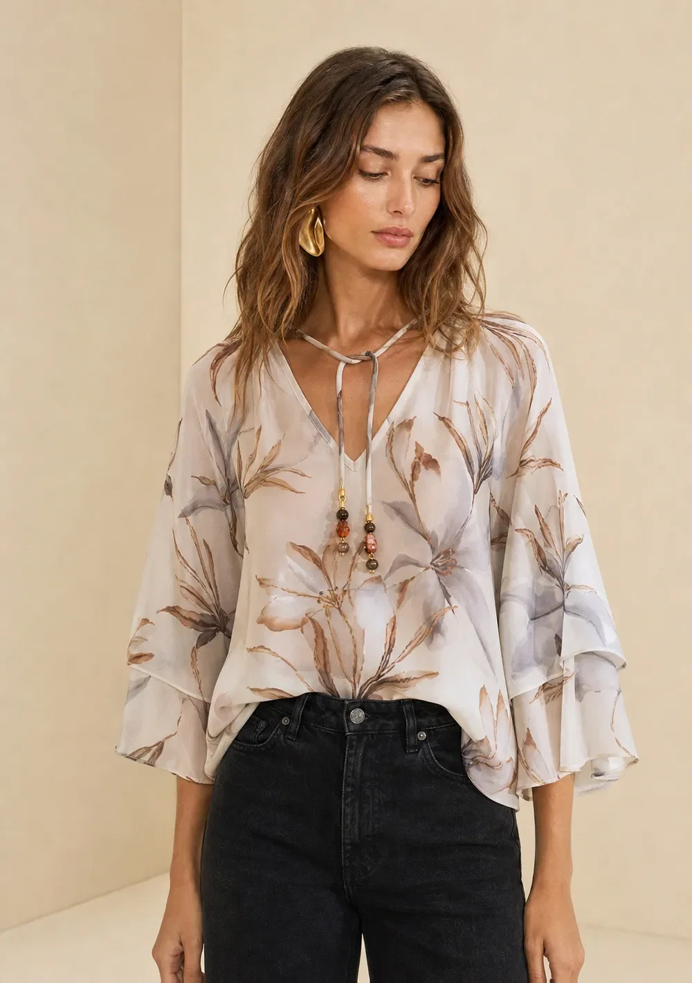 Blusa Decote V Flora Azul