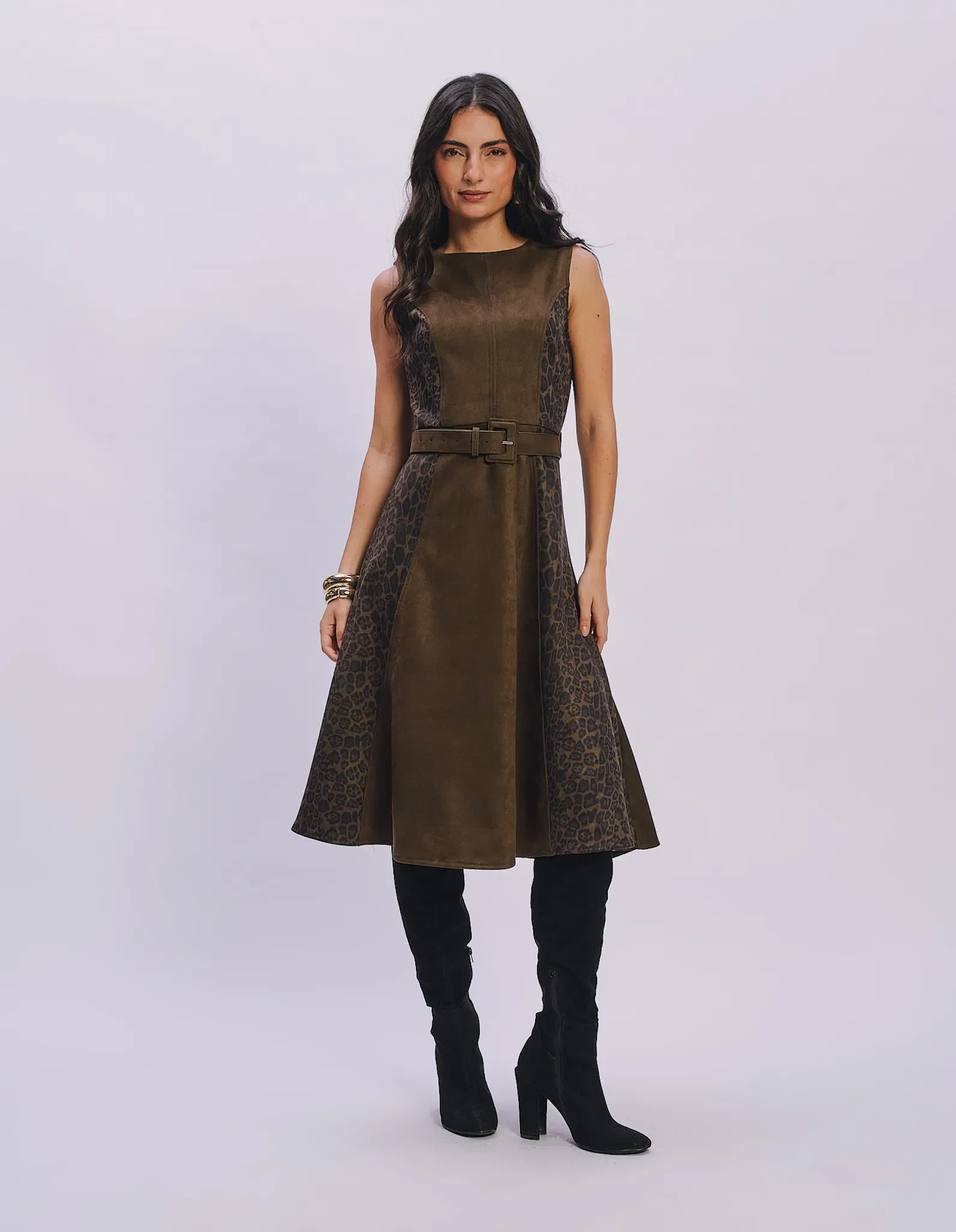 Vestido Midi Suede Com Cinto - Verde