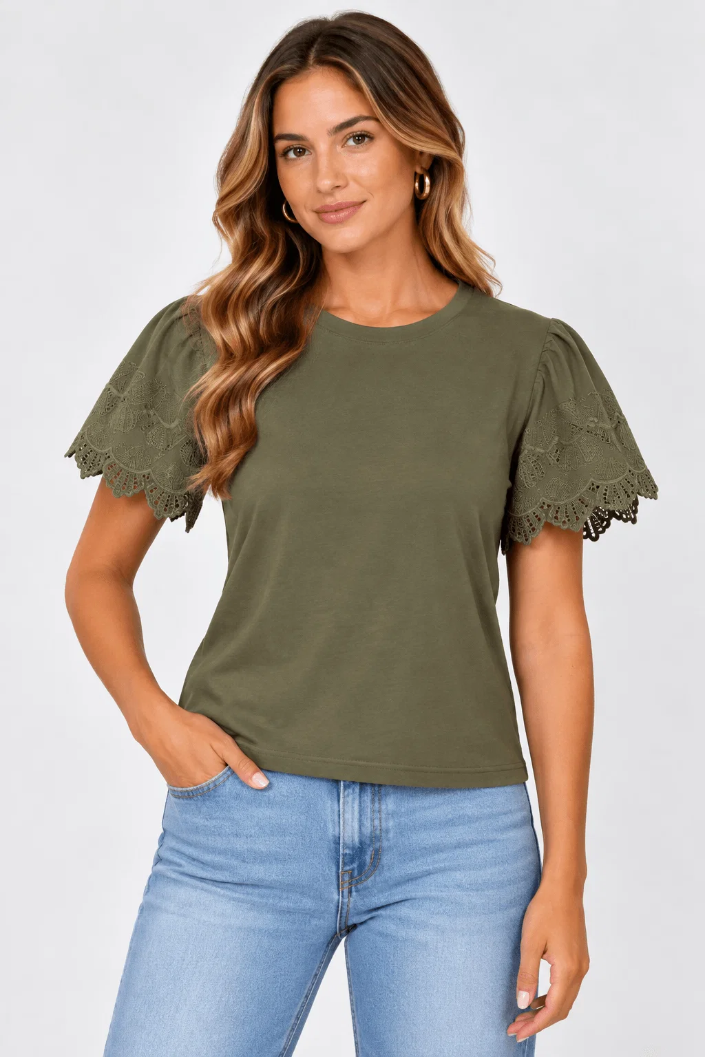 Blusa Manga Curta Renda Barrada - Verde