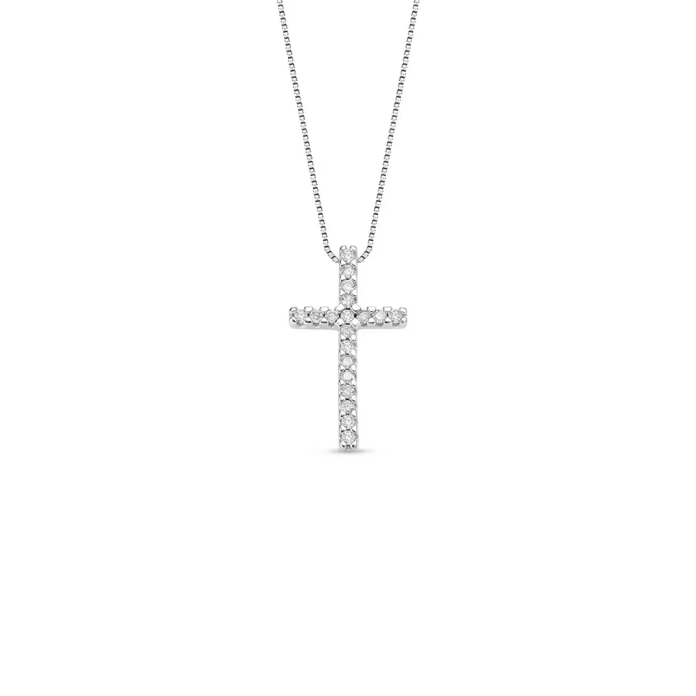 Pingente Cruz Stick em Ouro Branco 18k com Diamantes, 18mm