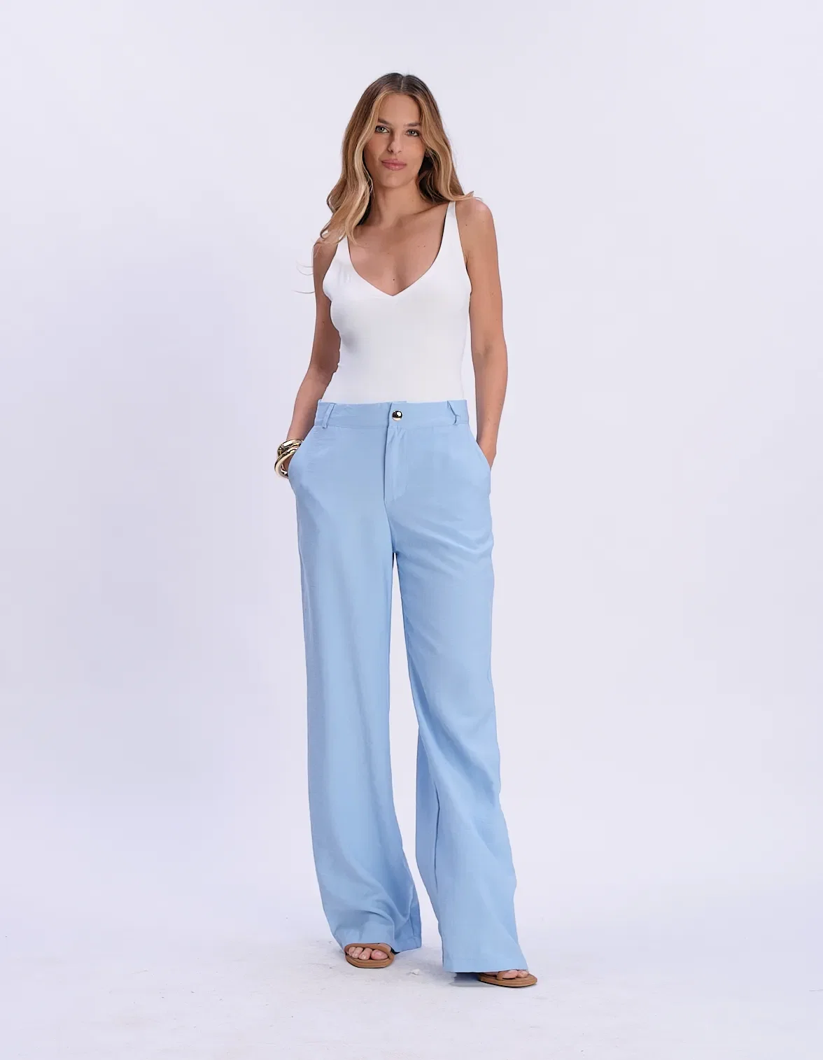 Calça Pantalona Detalhe Lenço Amarração - Azul — imagem 1