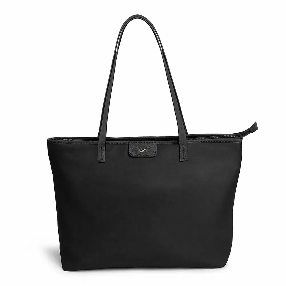 Bolsa Shopper Preto Em Nylon Com Alça em Couro