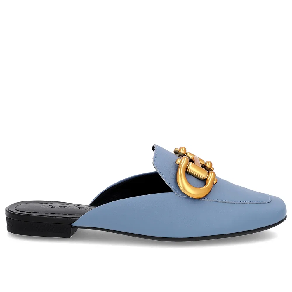 Mule Azul Bico Quadrado Couro Enfeite Fosco — imagem 1