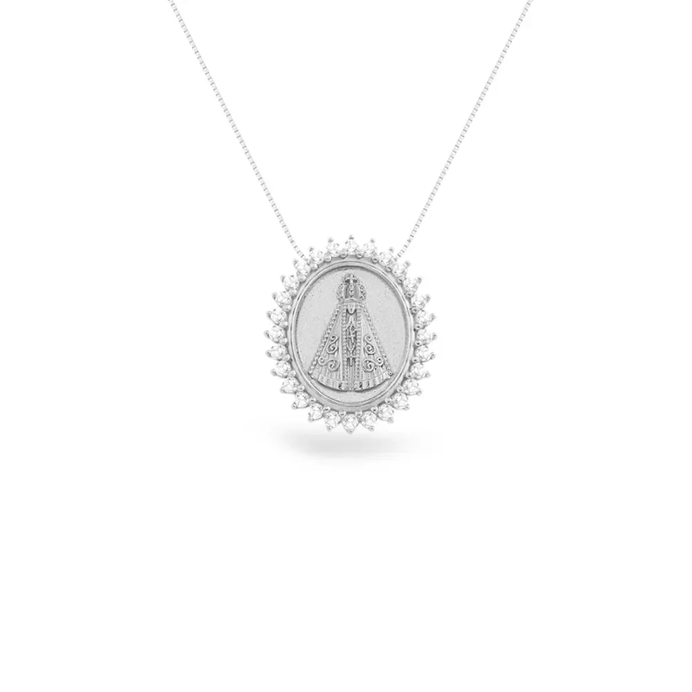 Pingente Medalha N.Sra. Aparecida em Ouro Branco 18k com Topázios Incolores, 20mm — imagem 1