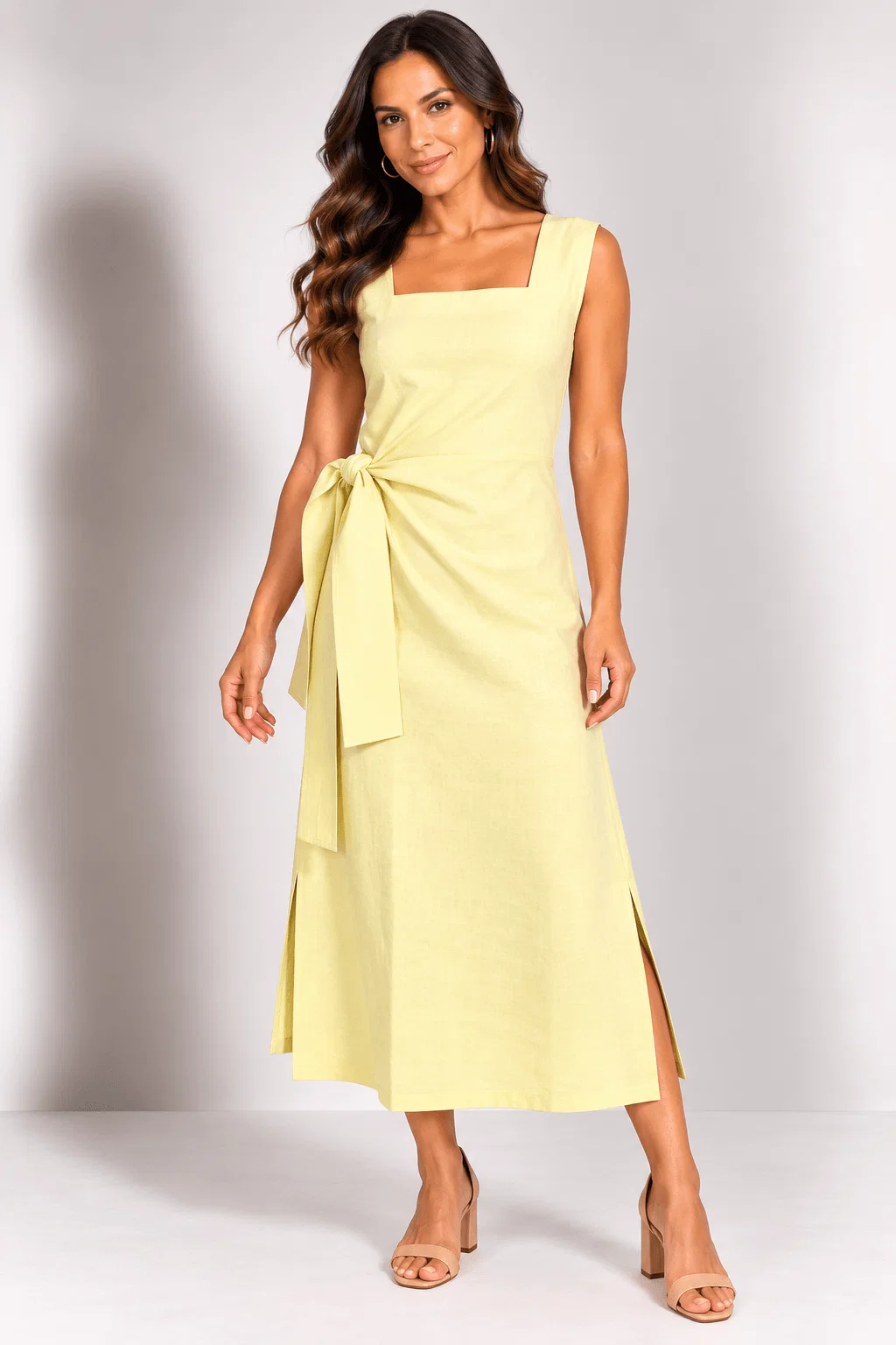 Vestido Midi Com Amarração - Amarelo
