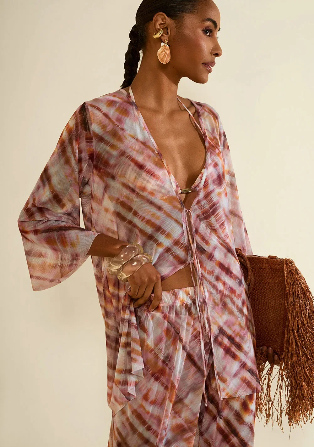 Blusa Morena Rosa Solta Decote V Manga Longa Padrão Rosa — imagem 1