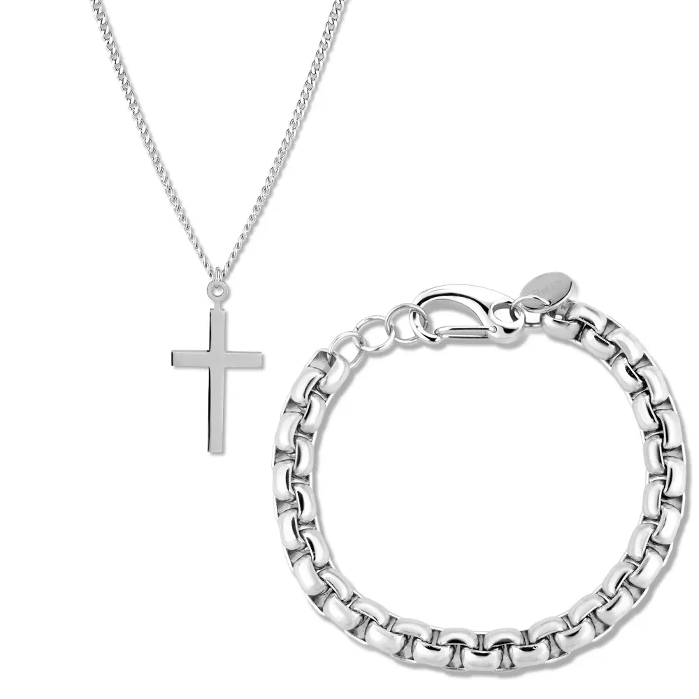 Kit Life Masculino Pulseira Aço e Colar Cruz