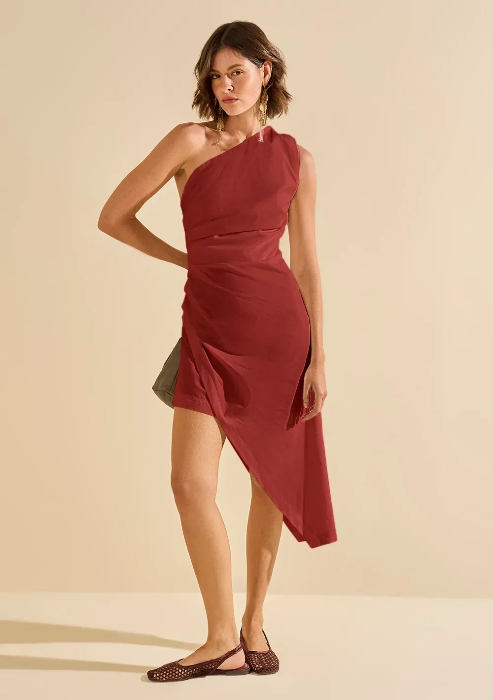 Vestido Morena Rosa Ajustado Um Ombro Só Sem Manga Midi Caramelo