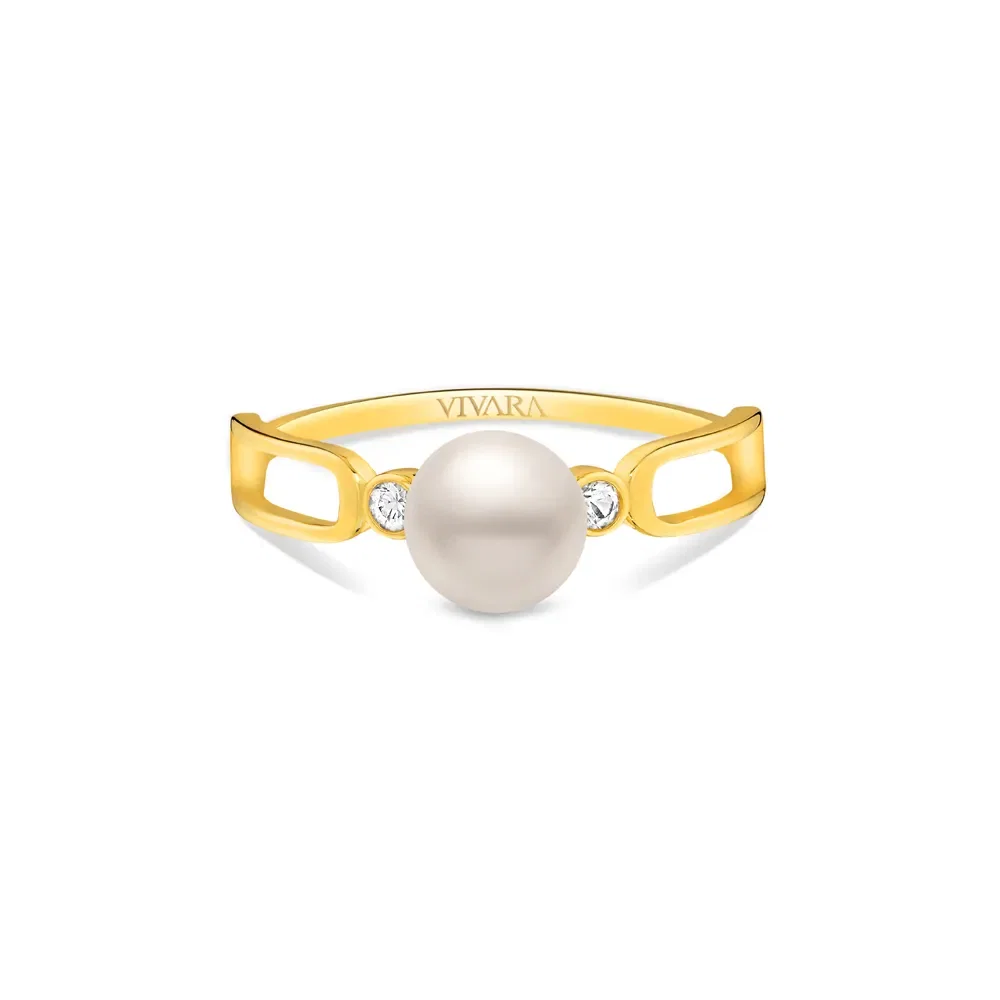 Anel Luar em Ouro Amarelo 18k com Pérola e Safiras Incolores — imagem 1