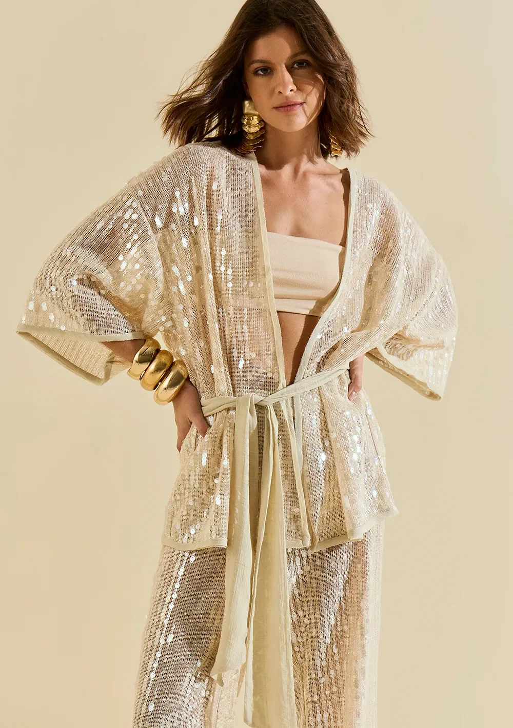 Kimono Morena Rosa Solto Manga 3 Quartos Alongado Bege