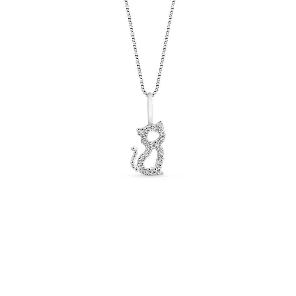 Pingente Gato em Ouro Branco 18k com Diamantes, 13mm — imagem 1