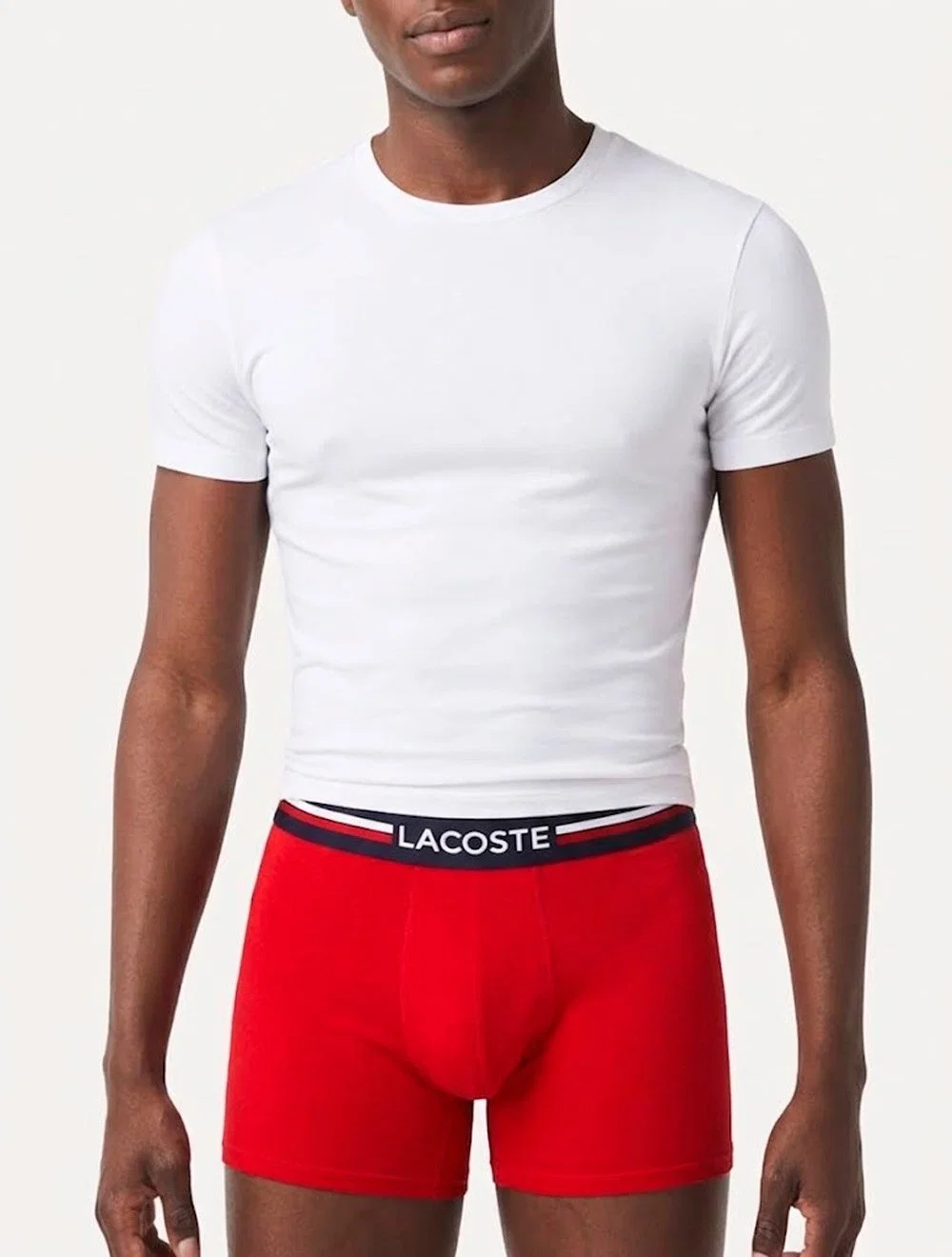 Cueca Lacoste Masculina Trunk Boxer Iconic Tricolor Marinho / Vermelha / Chumbo Pack 3UN
