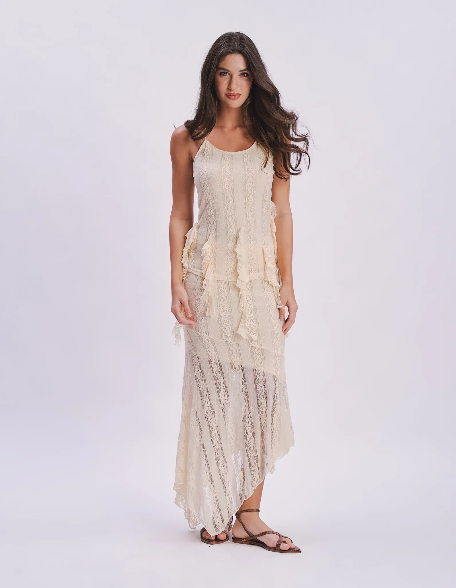 Saia Midi Renda Assimétrica - Creme