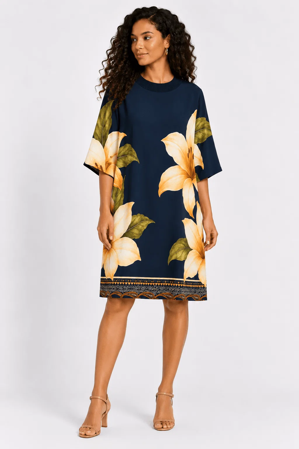 Vestido Curto Estampado Lírio Solar - Azul Marinho — imagem 1
