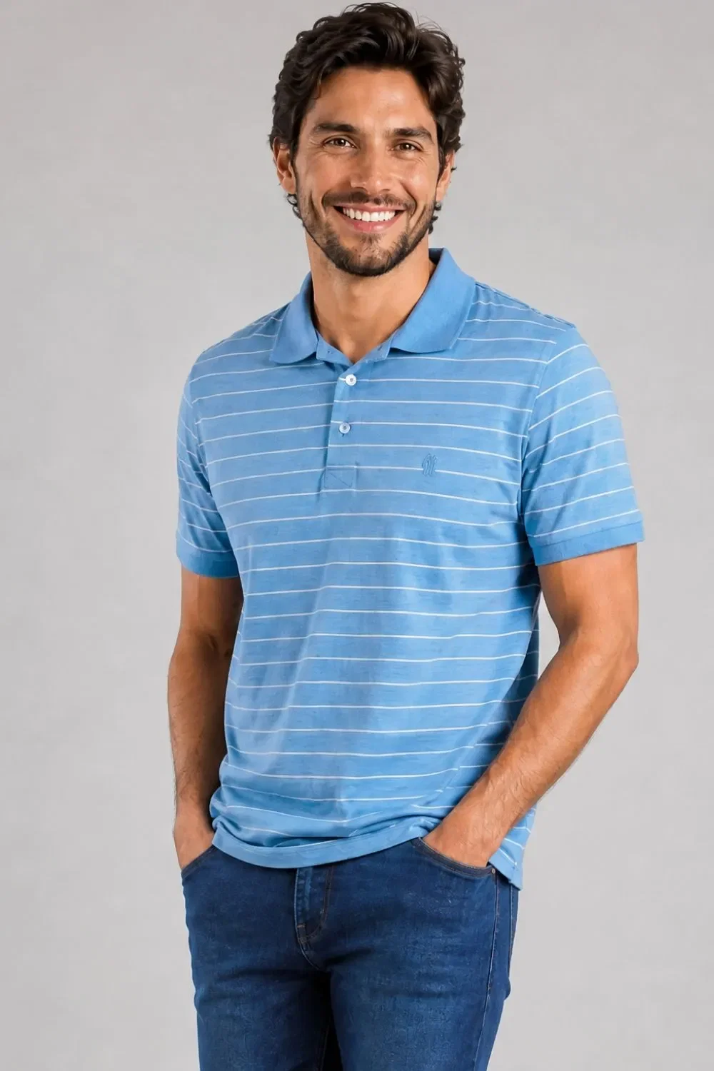 Polo Piquet Masculina Listrada Polo Wear Azul Claro