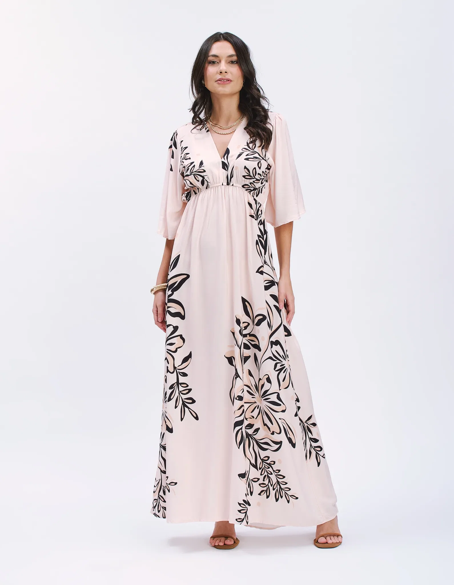 Vestido Longo Moldura Estamp Localizado - Areia