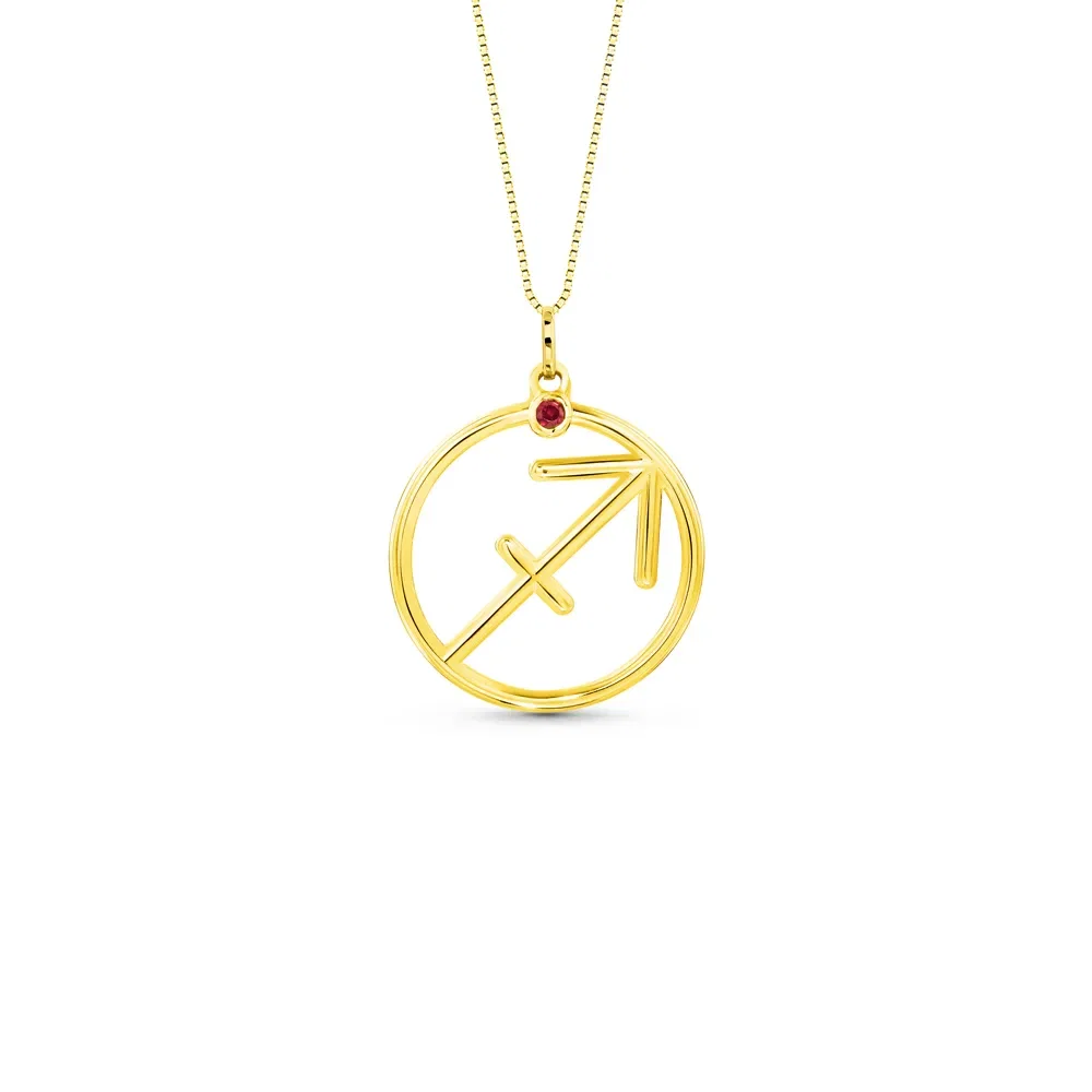 Pingente ZodíAço Sagitário em Ouro Amarelo 18k com Rubi, 17mm