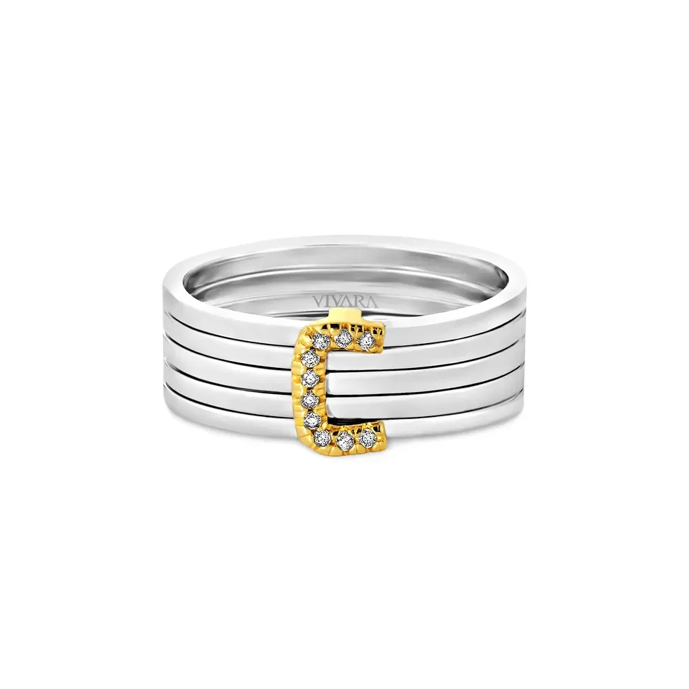 Anel Letra C em Prata 925 com Ouro Amarelo 18k e Diamantes — imagem 1