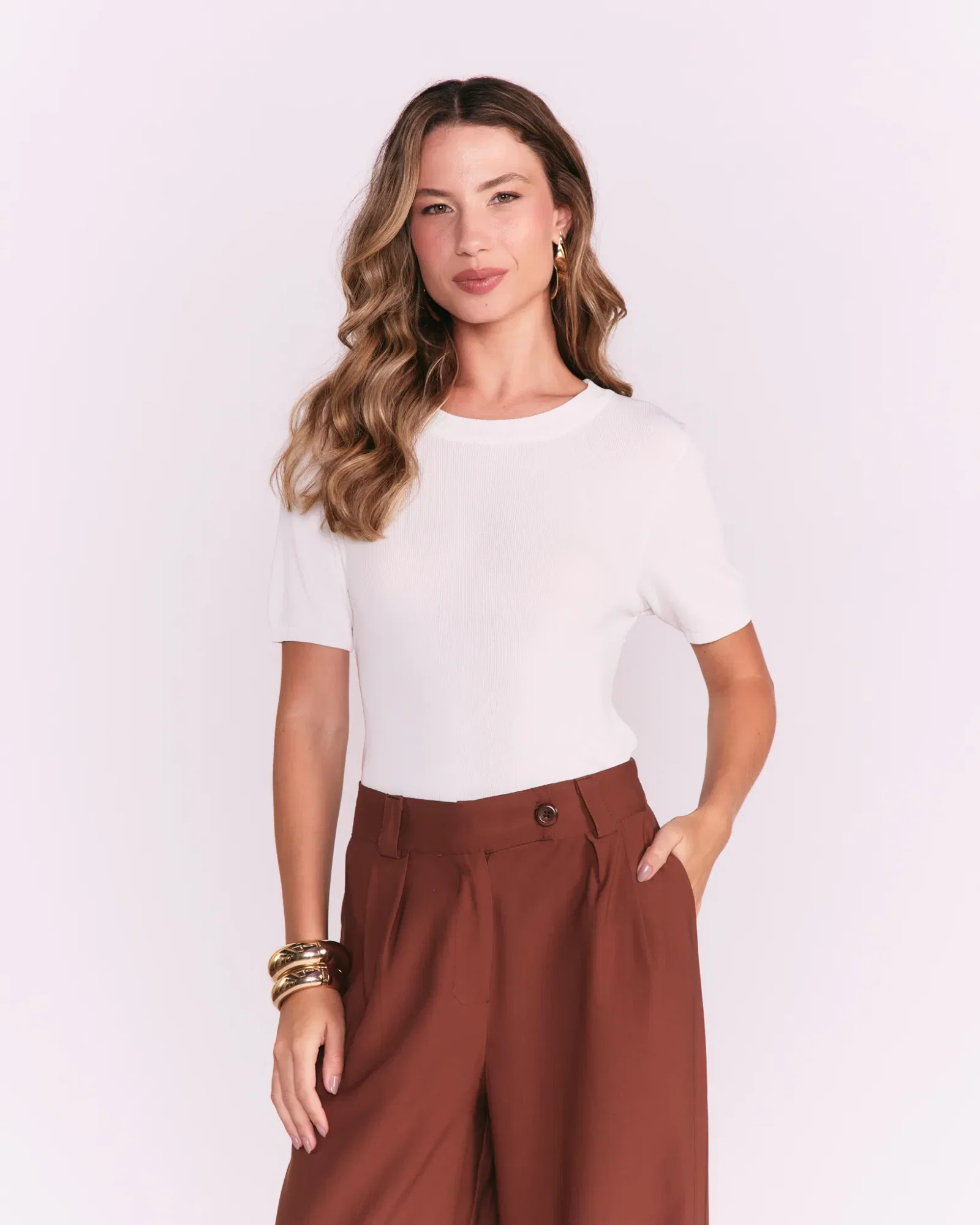 Blusa Manga Curta Tricot Decote u - Branco — imagem 1