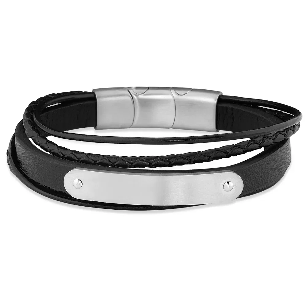 Pulseira Life em Couro IX Preto com Aço