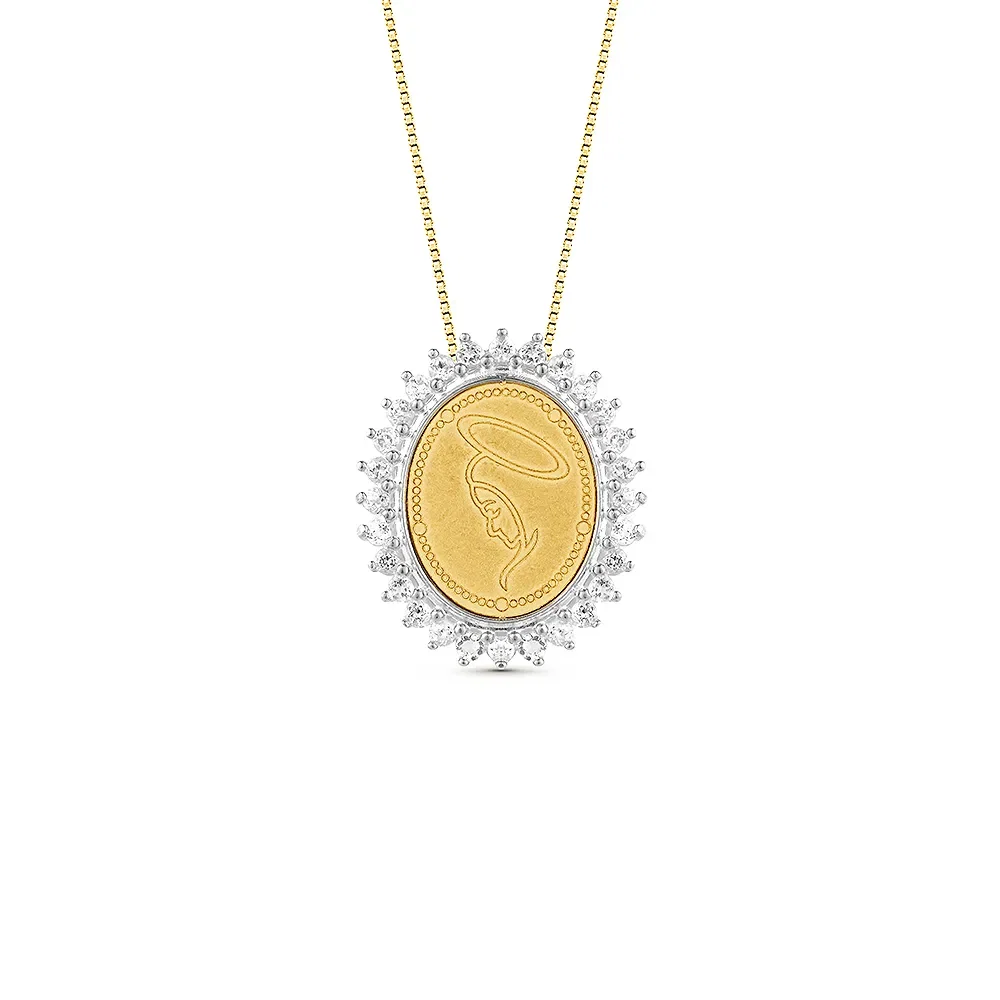 Pingente Medalha N.Sra. Aparecida em Ouro Amarelo 18k com Prata 925 e Topázios Incolores, 20mm — imagem 1