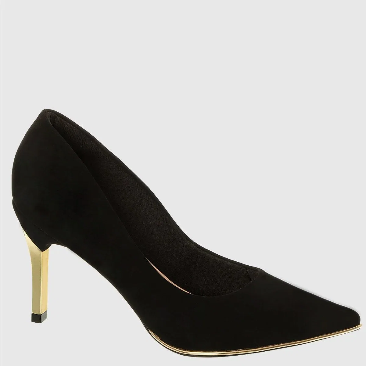 Scarpin Preto Bico Fino Com Salto Alto Dourado