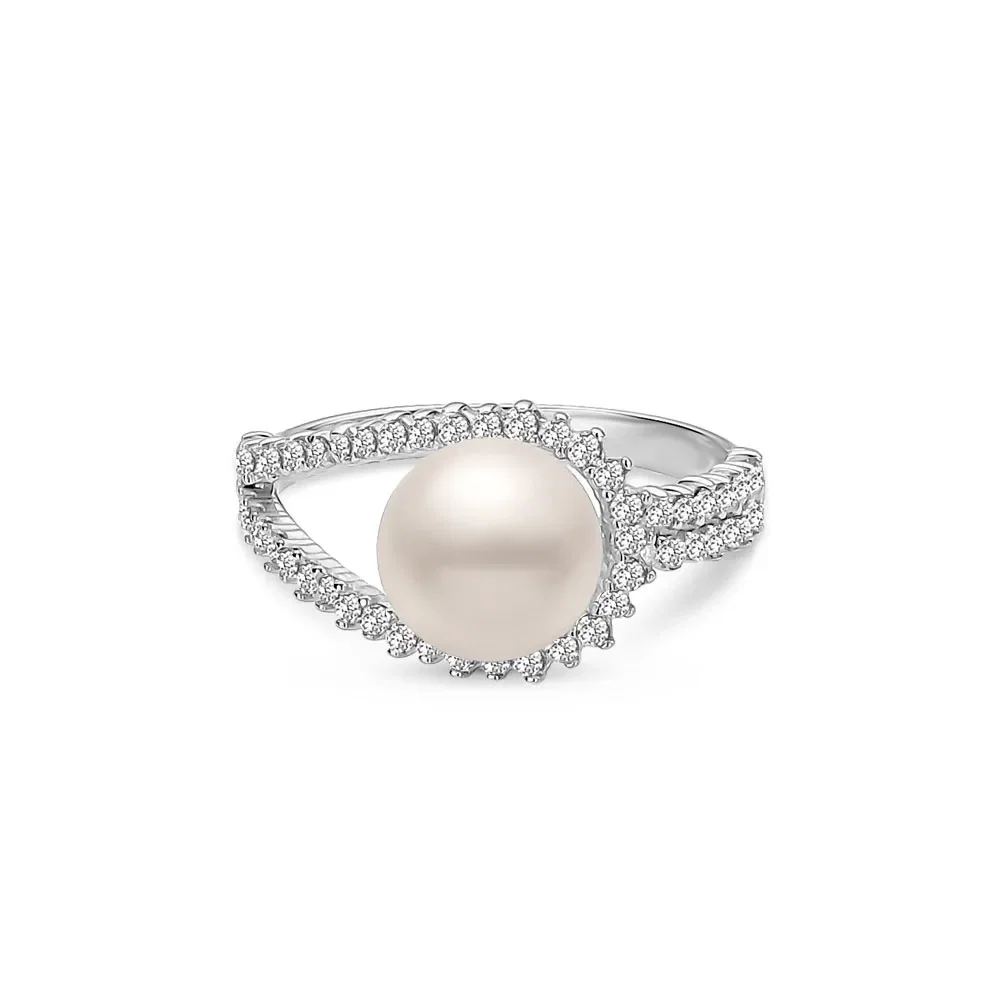 Anel Alva em Ouro Branco 18k com Pérola e Diamantes