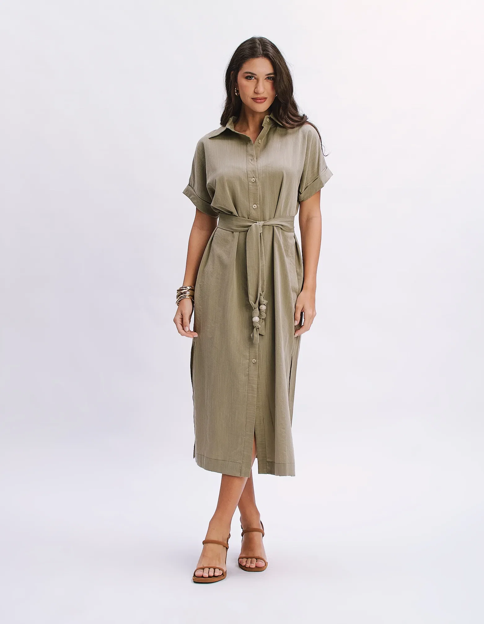 Chemise Midi Botões Amarração - Verde — imagem 1